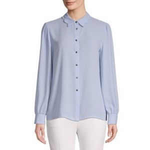 Light blue scalloped collar CK blouse with silver buttons in EUC, size L